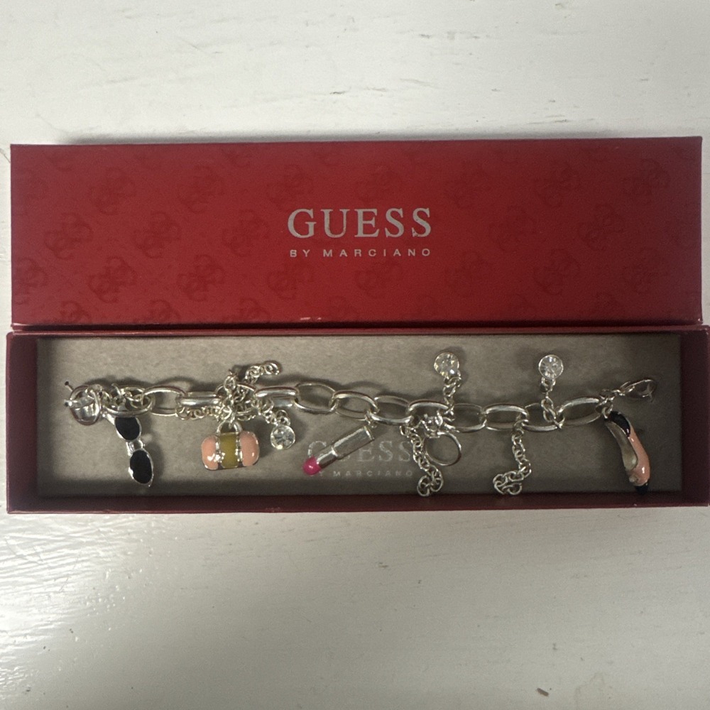Guess Charm‎ Bracelet Silver Tone Rhinestone Shoe Lipstick Sunglasses Bag NWT